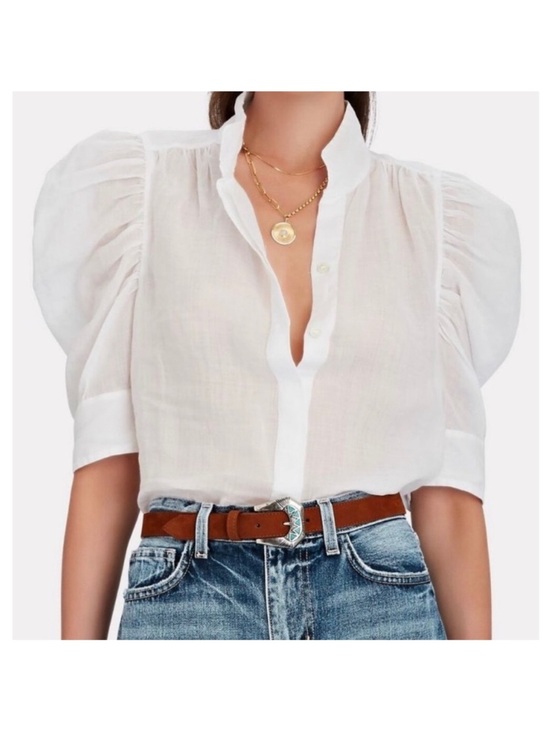 Frame Denim Tops - FRAME Gillian White Blouse Ruched Puff Sleeve Top Button Up Shirt Size Medium